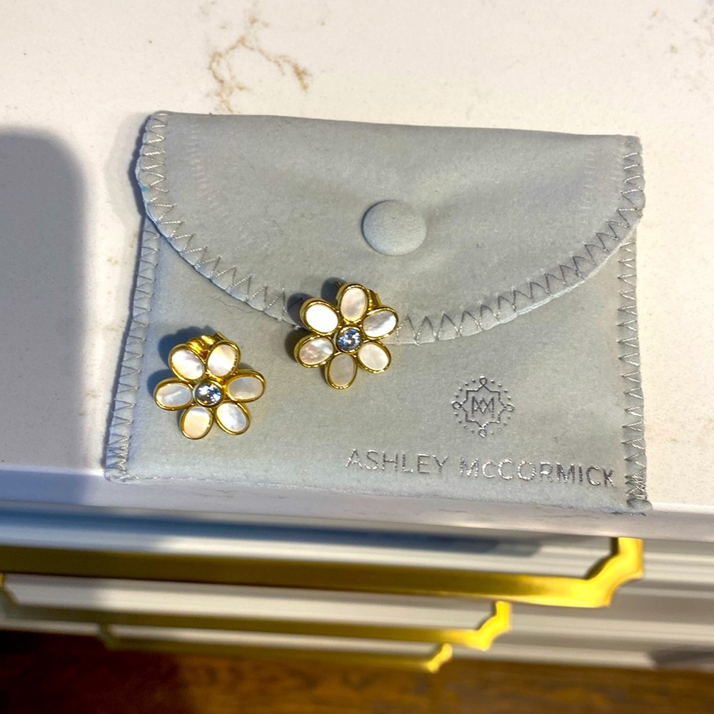 Asha by Ashley McCormick 14k gold dipped MOP with blue topaz center earrings.